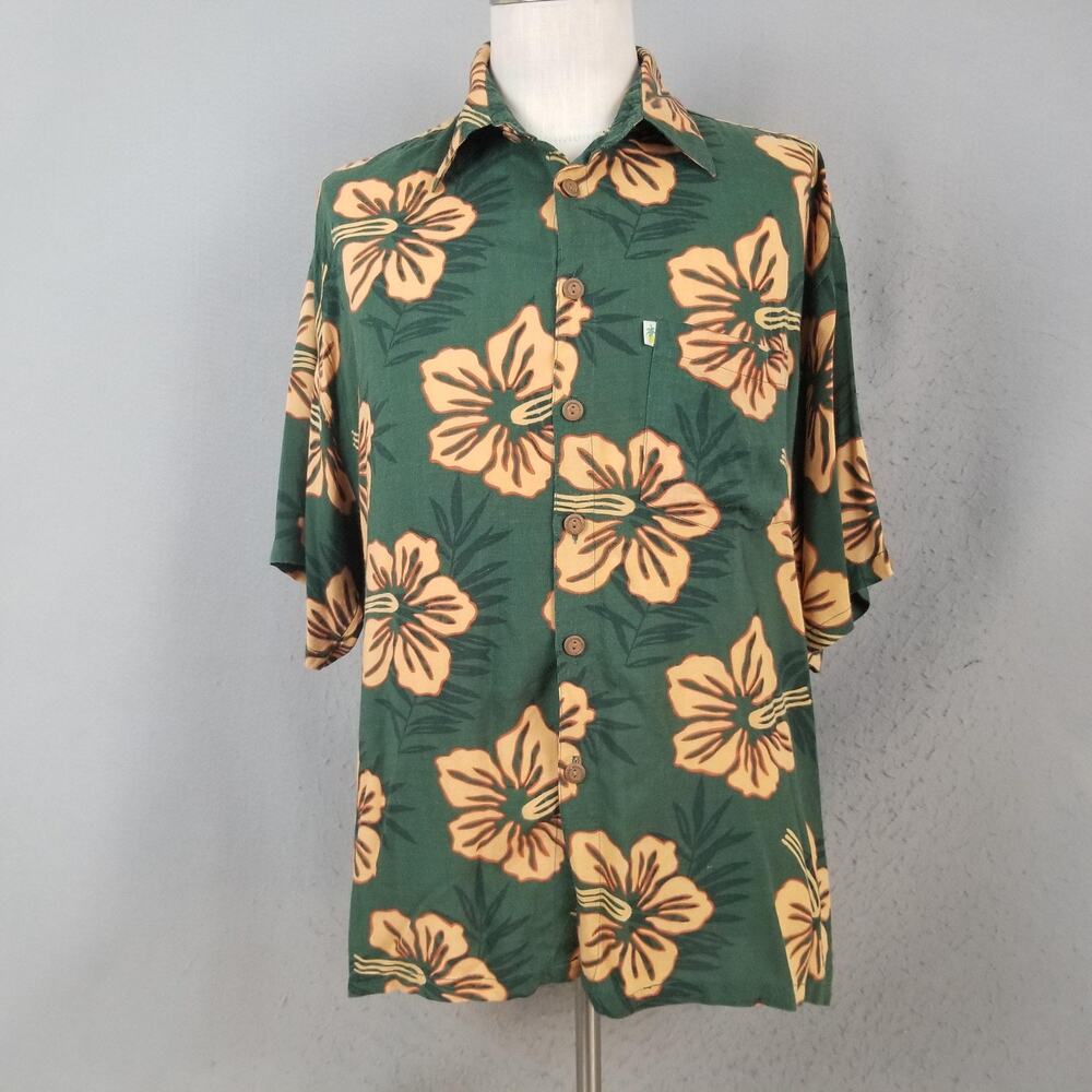 Pineapple Moon Shirt Mens XL Green Hawaiian Hibiscus Floral Rayon Aloha‎ Camp